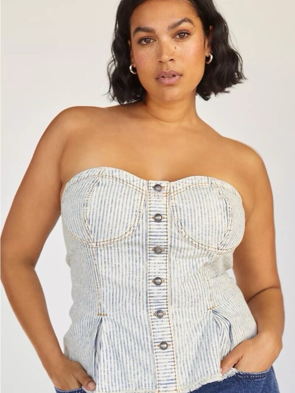 Pilcro striped Strapless Button-Front Bustier Top in Light Blue